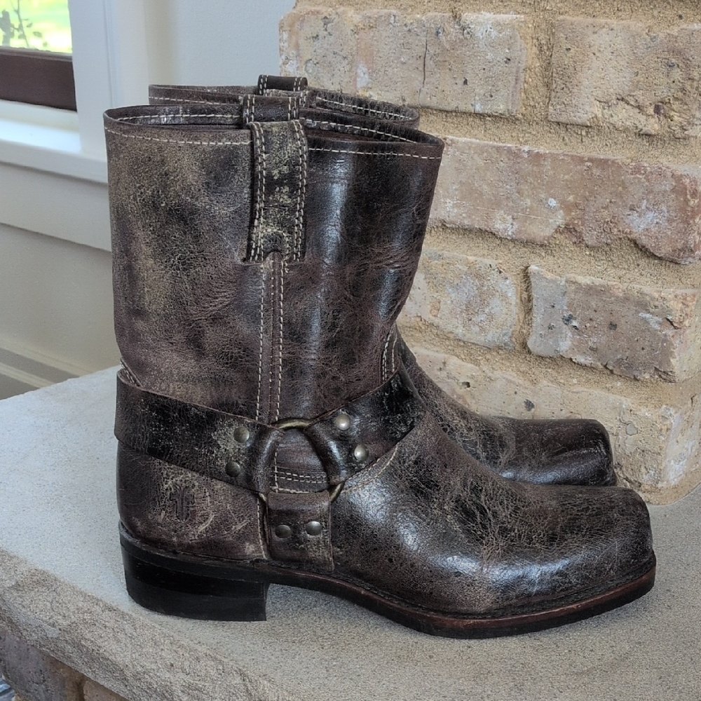 Frye Brown Distressed Leather Harness Ankle Boots